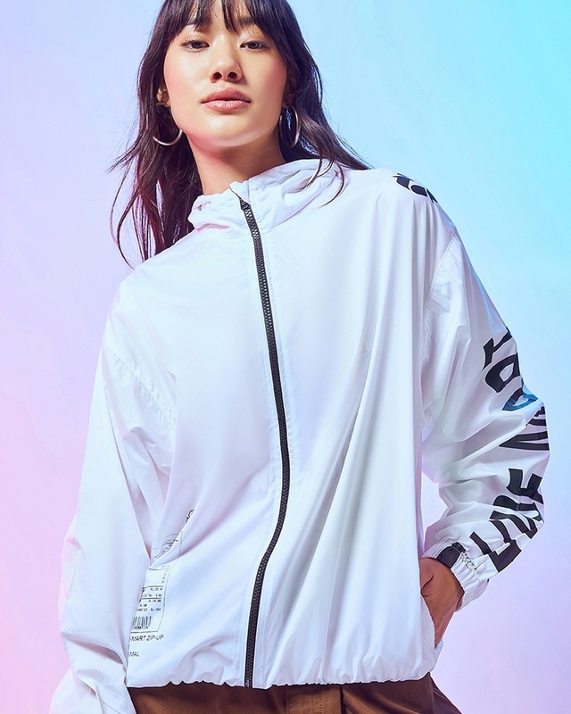 Shop Women's White Hype Mart Typography Oversized Windcheater Jacket-Front