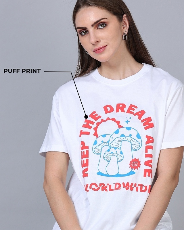 Shop Women's White Keep The Dream Alive Puff Printed Relaxed Fit T-Shirt-Front