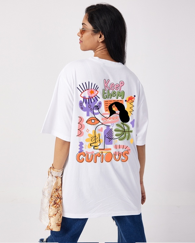 Shop Women's White Keep Them Curious Graphic Printed Oversized T-shirt-Front
