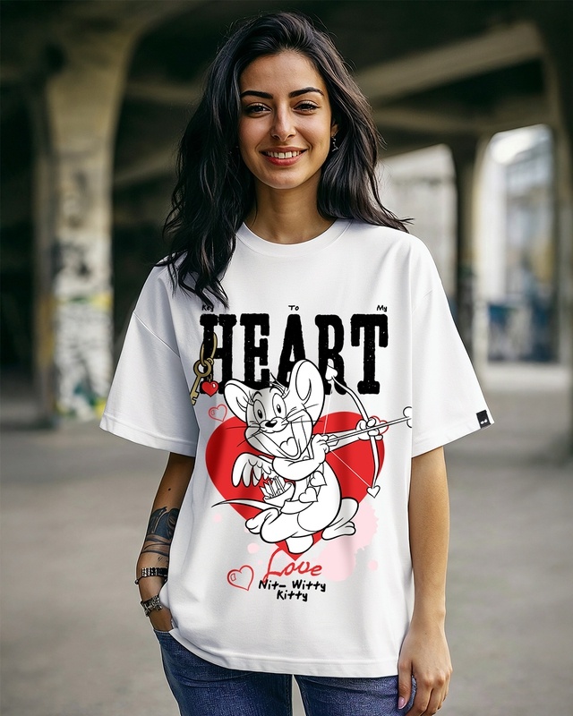 Shop Women's White Key To My Heart Graphic Printed Oversized T-shirt-Front