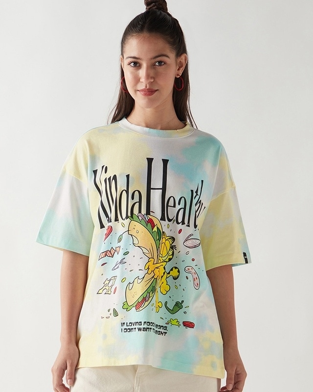 Shop Women's White & Yellow Kind a Healthy Graphic Printed Oversized T-shirt-Front