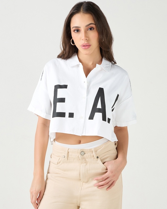 Shop Women's White Lead Typography Oversized Crop Shirt-Front