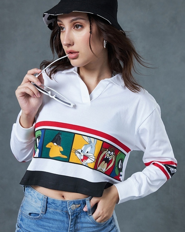 Shop Women's White Looney Tunes Graphic Printed Oversized Polo Short Top-Front