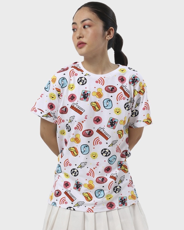 Shop Women's White Mickey AOP Boyfriend T-shirt-Front