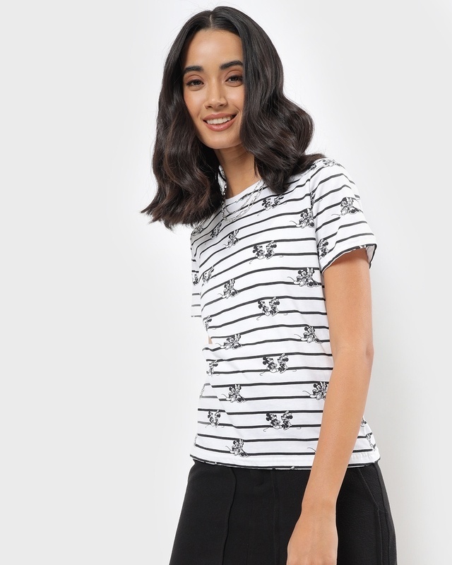 Shop Women's White Mickey & Minnie Stripe T-shirt-Front