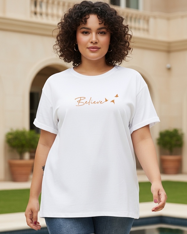 Women's White Minimal Believe Graphic Printed Plus Size Boyfriend T-shirt-Front Bewakoof Shop Women's White Minimal Believe Graphic Printed Plus Size Boyfriend T-shirt-Front