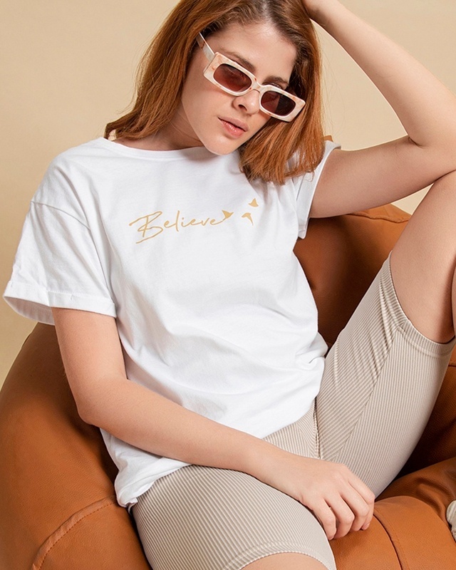 Shop Women's White Minimal Believe Typography Boyfriend T-shirt-Front