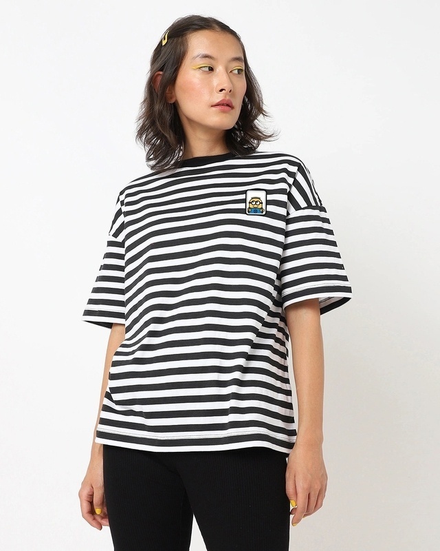 Shop Women's White Minion Striped Oversized T-shirt-Front