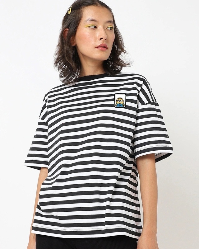 Shop Women's White Minion Striped Oversized T-shirt-Front