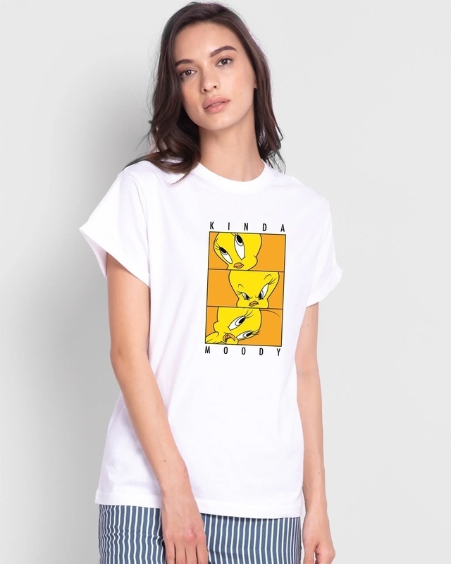 Shop Women's White Moody Tweety (LTL) Graphic Printed Boyfriend T-shirt-Front