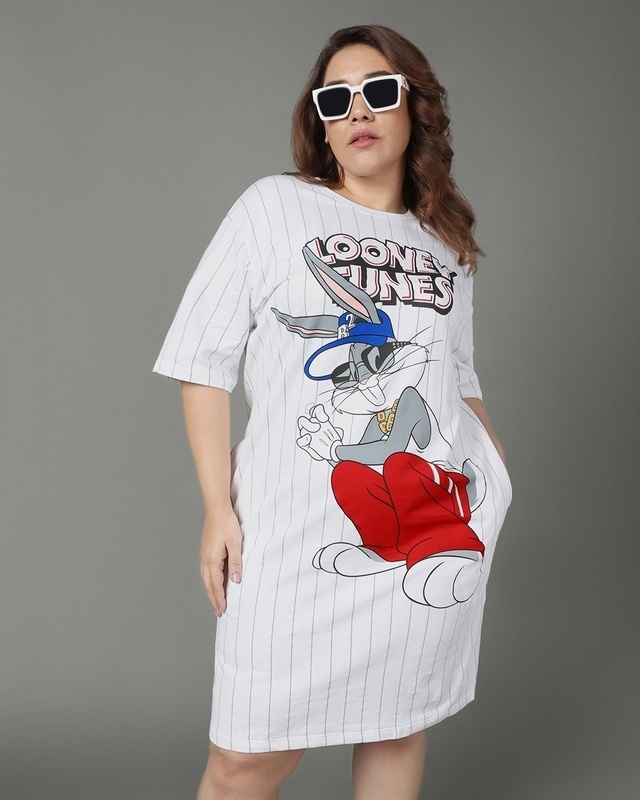 Shop Women's White Moschino Bunny Graphic Printed Oversized Plus Size T-shirt Dress-Front