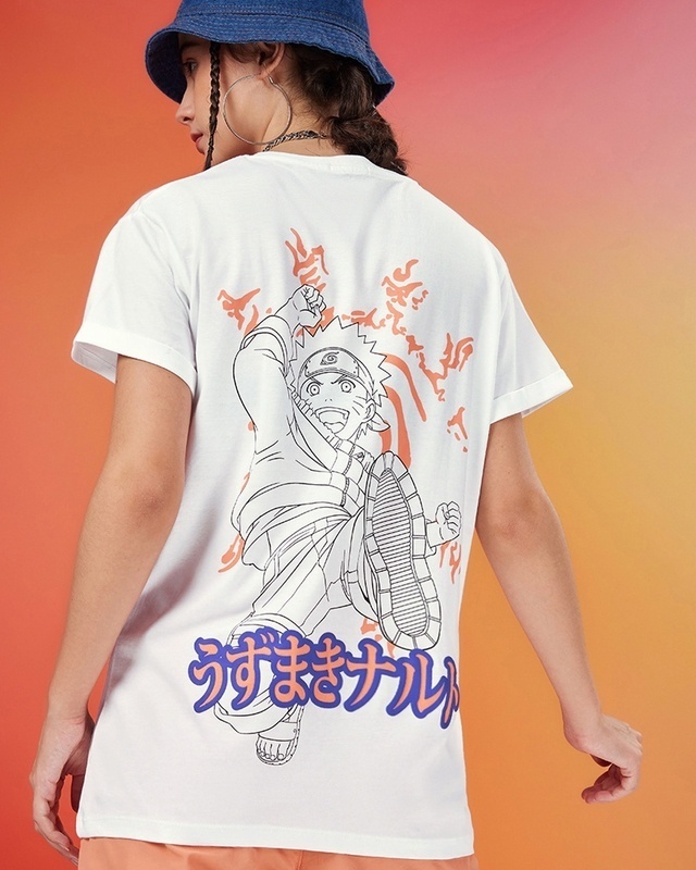 Shop Women's White Naruto Uzumaki Graphic Printed Boyfriend T-shirt-Front