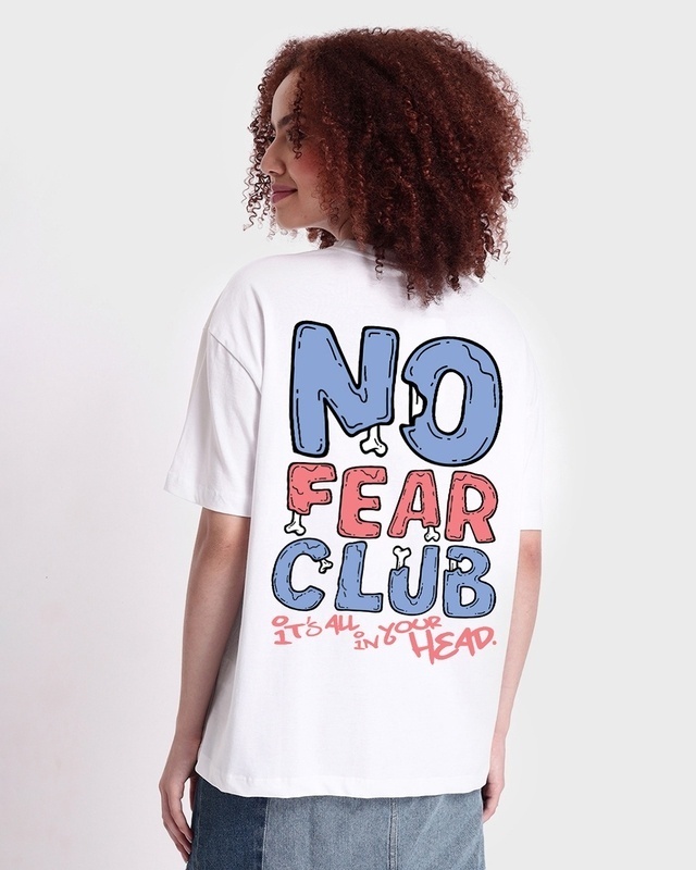 Shop Women's White No Fear Club Graphic Printed Oversized T-shirt-Front