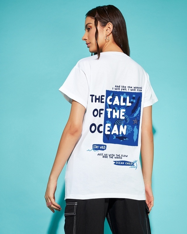 Shop Women's White Ocean Child Graphic Printed Boyfriend T-shirt-Front