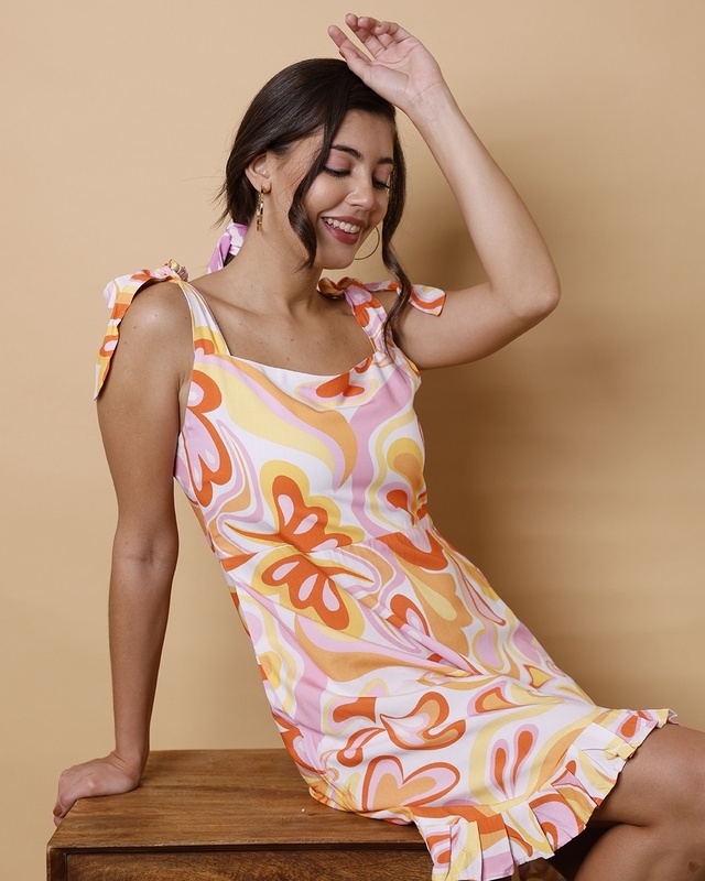 Shop Women's White & Orange All Over Printed Slim Fit A-Line Dress-Front