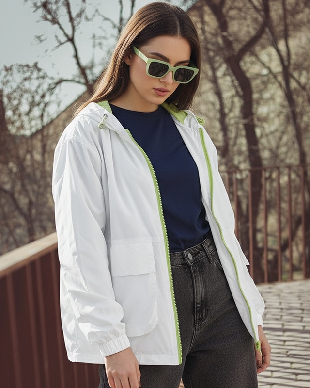Shop Women's White Oversized Hooded Windcheater Jacket-Front