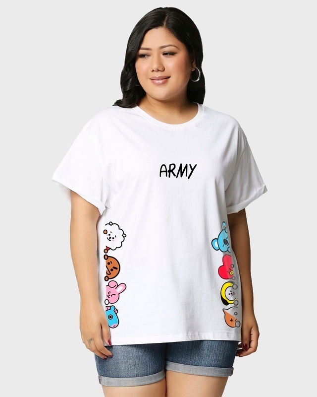 Shop Women's White Peeking Army Graphic Printed Plus Size Boyfriend T-shirt-Front