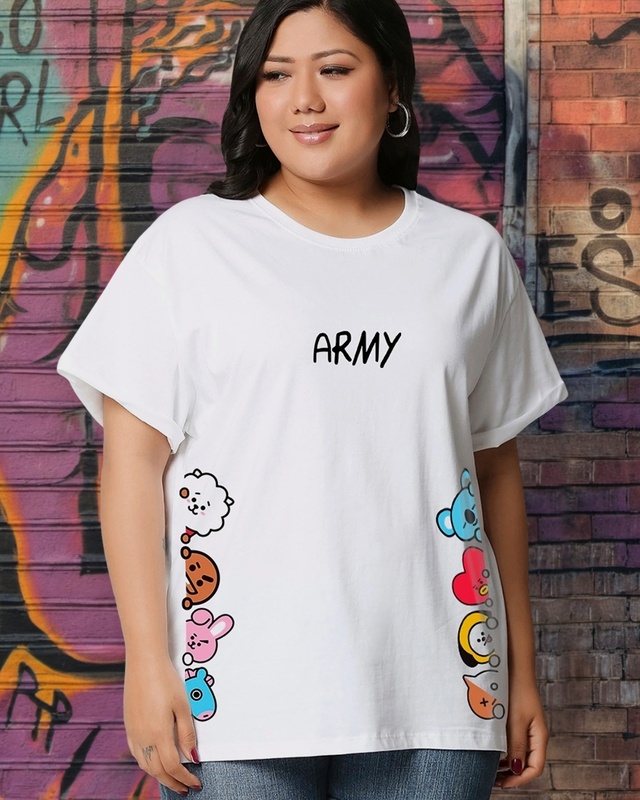 Shop Women's White Peeking Army Graphic Printed Plus Size Boyfriend T-shirt-Front