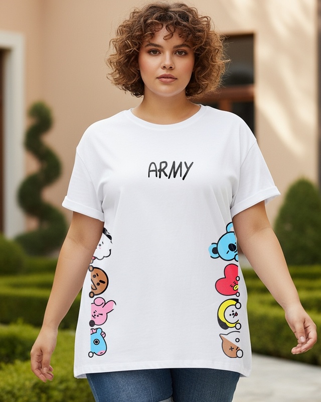 Shop Women's White Peeking Army Graphic Printed Plus Size Boyfriend T-shirt-Front