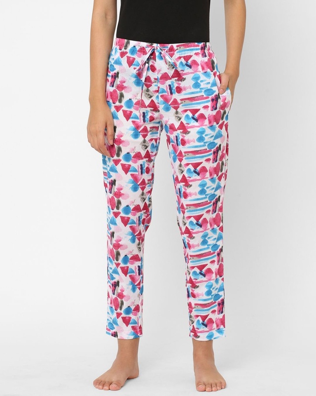 Shop Women's White & Pink All Over Printed Cotton Lounge Pants-Front