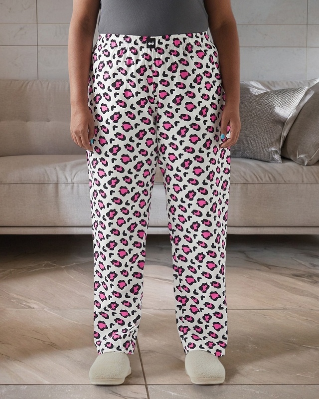 Shop Women's White & Pink All Over Printed Plus Size Pyjamas-Front