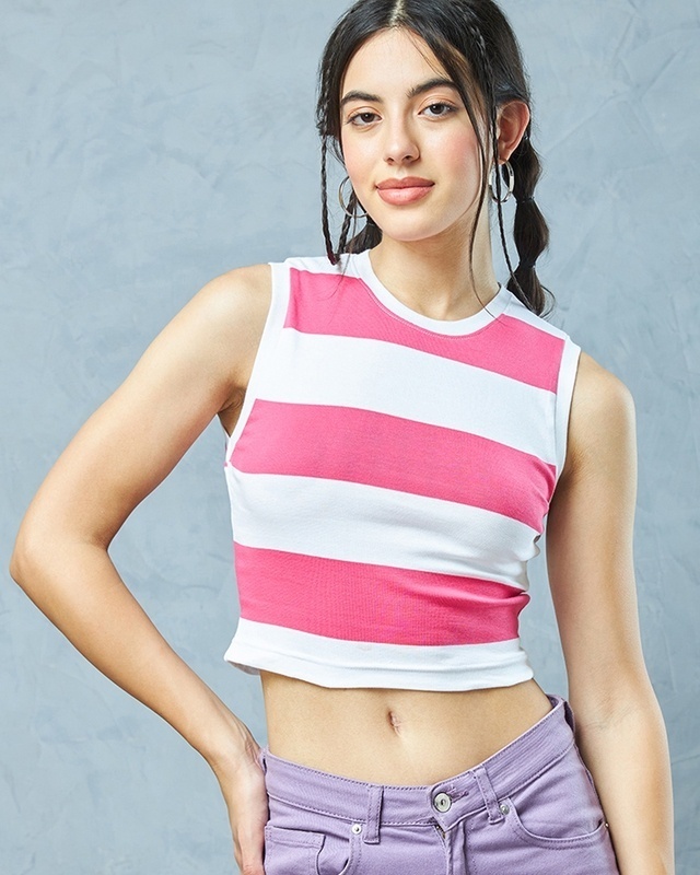 Shop Women's White & Pink Striped Slim Fit Short Top-Front