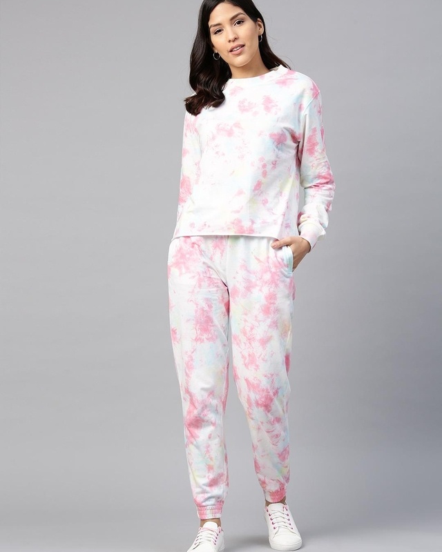 Shop Women's White & Pink Tie & Dye Co-ord Set-Front