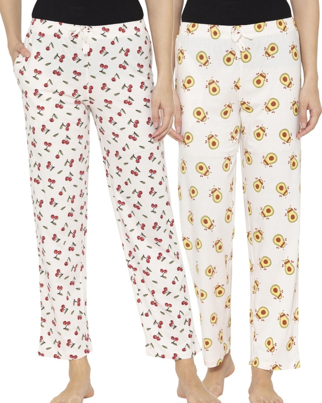 Shop Women's White Printed Pyjamas (Pack of 2)-Front