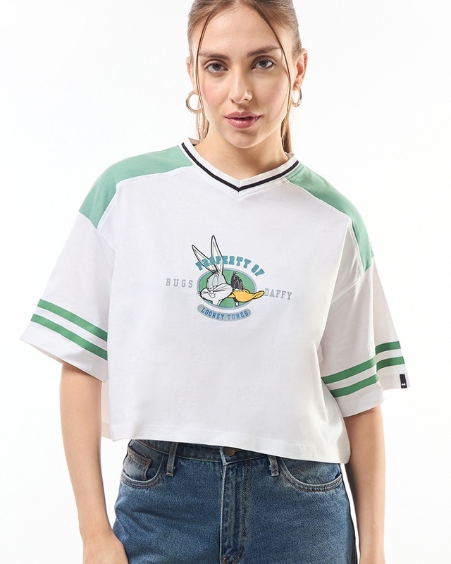 Shop Women's White Property of Bugs Daffy Graphic Printed Oversized Crop T-shirt-Front