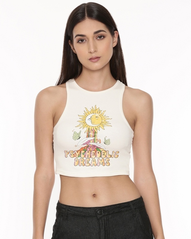 Shop Women's White Psychedelic Dreams Printed Crop Tank Top-Front