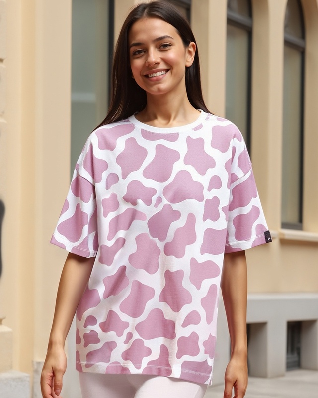 Women's White & Purple Camo Printed Oversized T-shirt