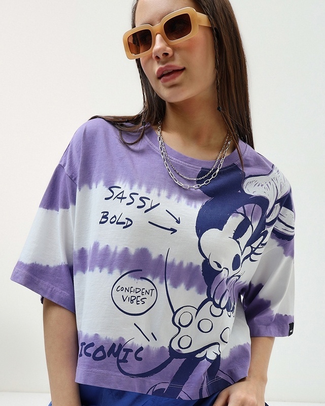 Shop Women's White & Purple Graphic Printed Oversized Short Top-Front