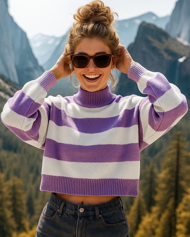 Shop Women's White & Purple Striped Oversized Crop Sweater-Front