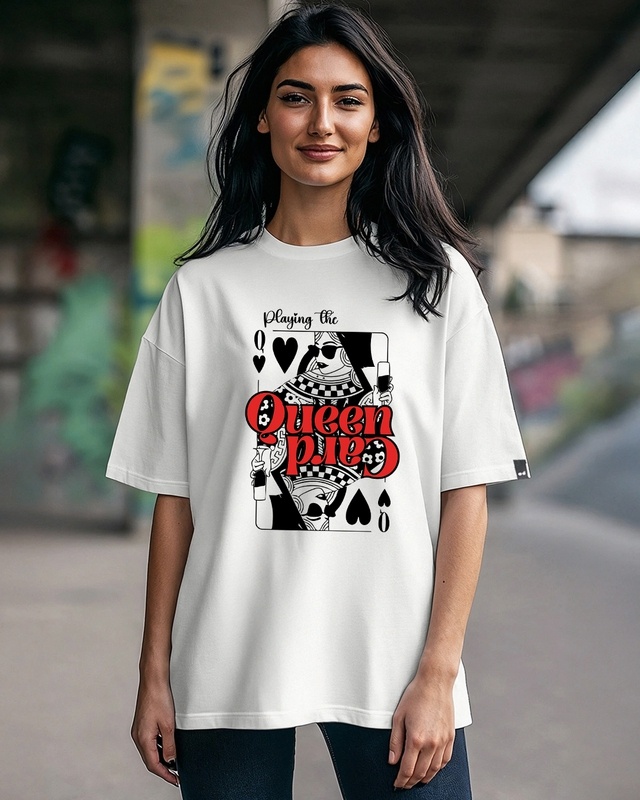 Shop Women's White Queen Card Graphic Printed Oversized T-shirt-Front