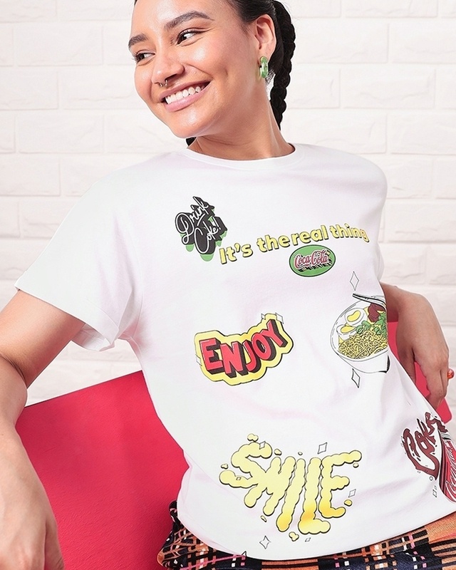Shop Women's White Real Thing Coke Graphic Printed Boyfriend T-shirt-Front