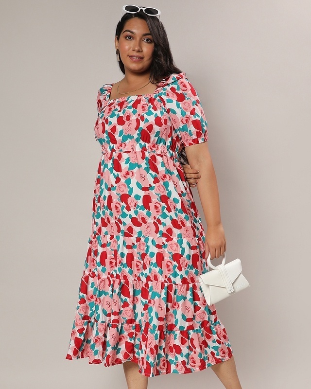 Shop Women's White & Red All Over Floral Printed Oversized Plus Size Dress-Front