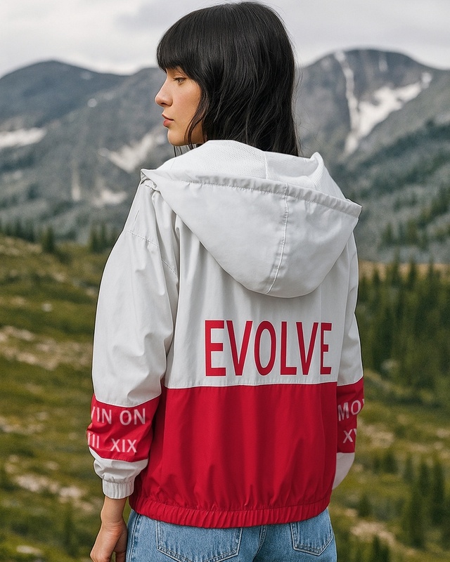Shop Women's White & Red Color Block Oversized Windcheater Jacket-Front