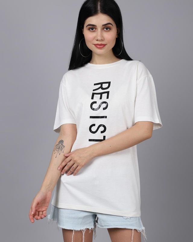 Shop Women's White Resist Typography Oversized T-shirt-Front