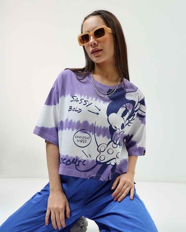 Shop Women's White & Purple Graphic Printed Oversized Short Top-Front