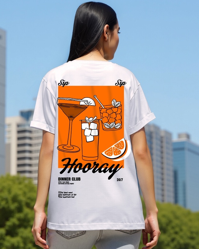 Shop Women's White Sip Sip Hooray Graphic Printed Boyfriend T-shirt-Front