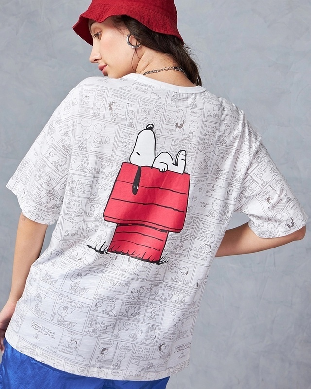 Shop Women's White Snoopy All Over Printed Oversized T-shirt-Front