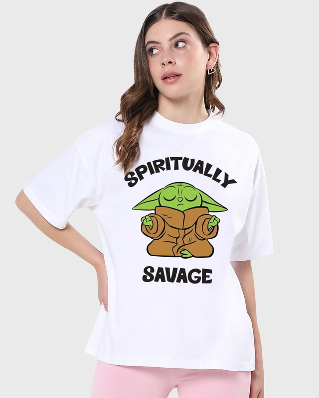 Shop Women's White Spiritually Savage Graphic Printed Oversized T-shirt-Front