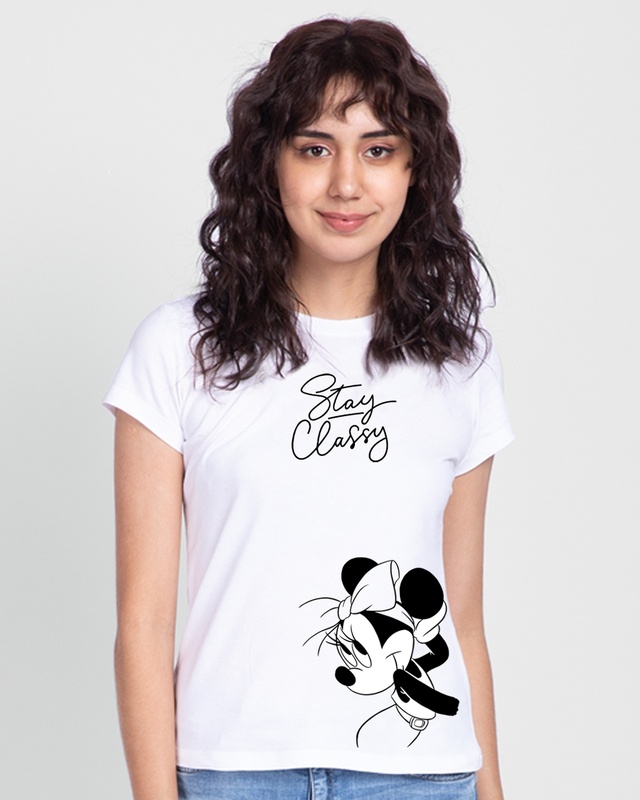 Shop Women's White Stay Classy Minnie Graphic Printed Slim Fit T-shirt-Front
