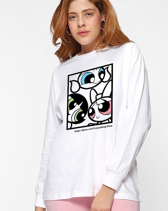 Shop Women's White Sugar Spice Everything Nice Graphic Printed Oversized T-shirt-Front