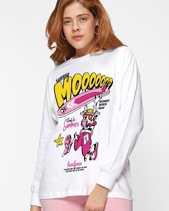 Shop Women's White Sunny Moooood Graphic Printed Oversized T-shirt-Front