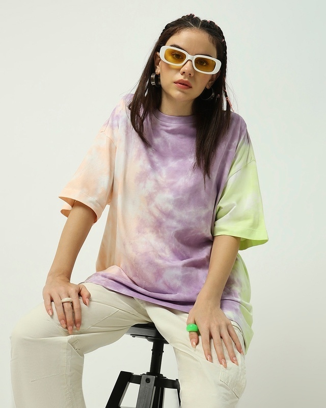 Shop Women's Purple & White Tie & Dye Oversized T-shirt-Front
