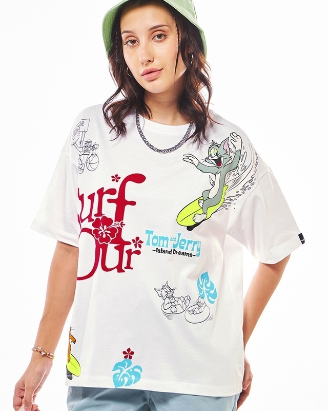 Shop Women's White Tom & Jerry Graphic Printed Oversized T-shirt-Front