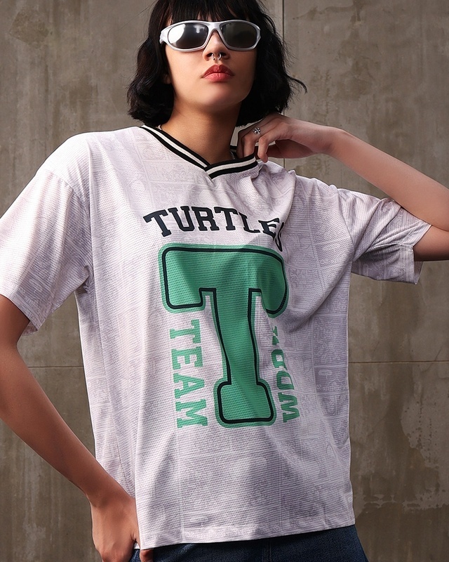 Shop Women's White Turtles Jersey Graphic Printed Oversized T-Shirt-Front