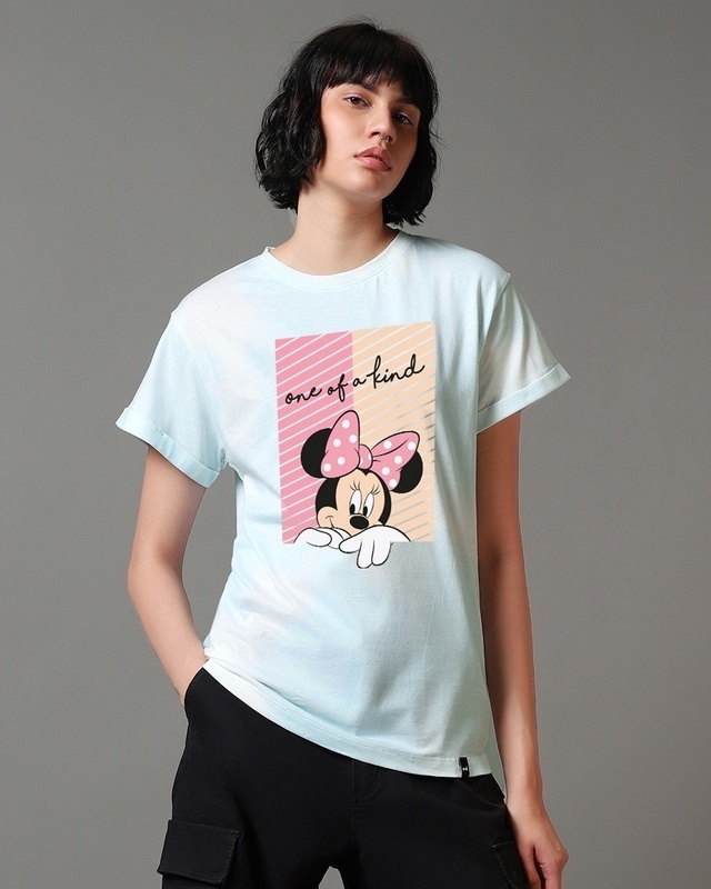Shop Women's Blue & White Unique Minnie Graphic Printed Boyfriend T-shirt-Front