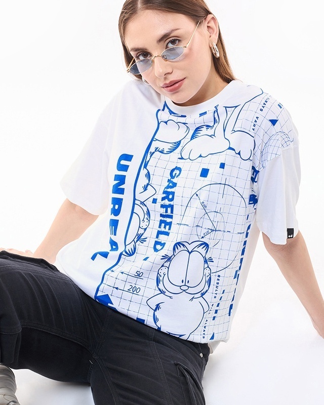 Shop Women's White Unreal Garfield Graphic Printed Oversized T-shirt-Front